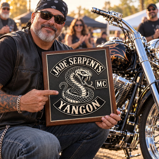 People’s Choice motorcycle show plaque presented beside a custom V-twin motorcycle.
