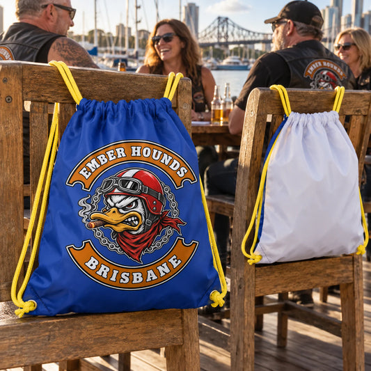 Motorcycle club chapter members use matching custom drawstring bags during a regional gathering.
