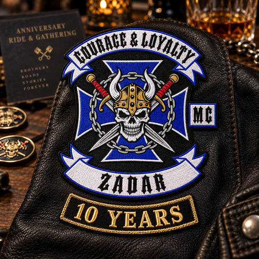 Custom motorcycle club event patch featuring the courage loyalty zadar logo for milestone message.