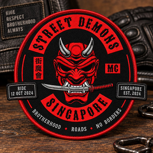 Motorcycle club event, rally and run patches displayed as commemorative pieces.