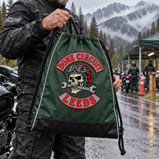 Touring motorcycle club riders carry a lightweight custom drawstring pack at a mountain checkpoint.