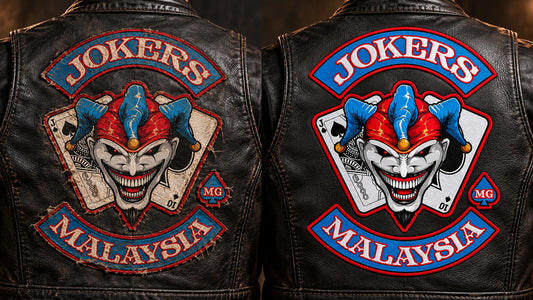 Solid original patch beside a newly produced match shown for a custom motorcycle club patch system in color-controlled inspection table.