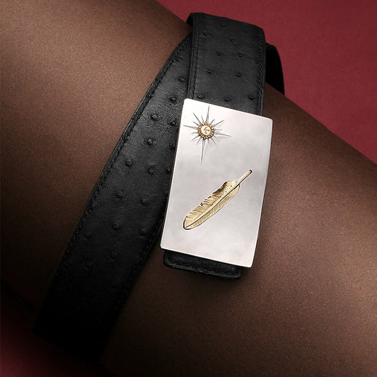 Falcon Feather Ostrich Leather Biker Belt — detail view 14
