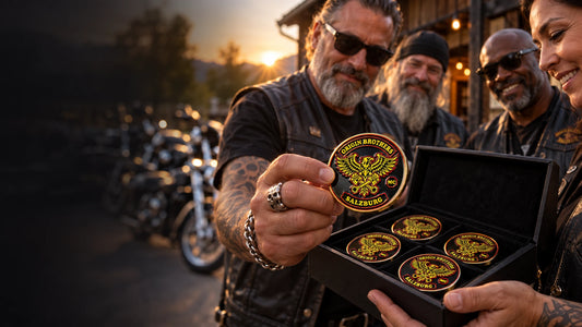 Origin Brothers Salzburg club organizers opening a box of finished custom 3D color pins