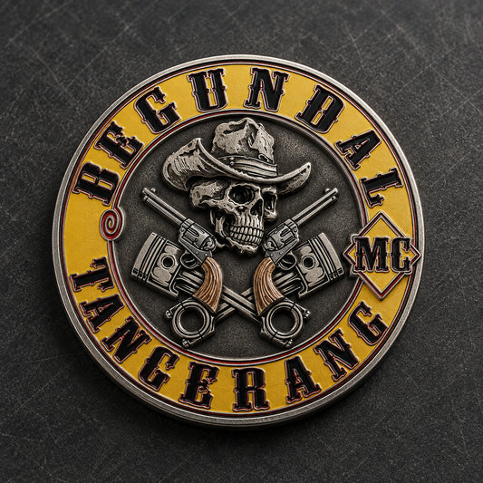 Antique silver finish recommendation featuring a custom metal motorcycle club badge made with an approved club logo.