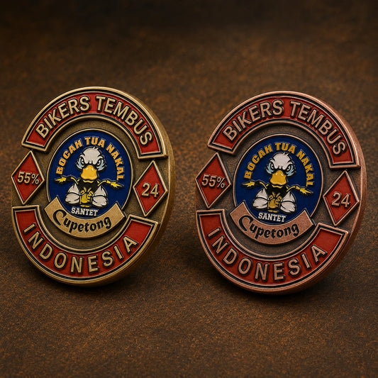 Antique bronze and copper finish direction featuring a custom metal motorcycle club badge made with an approved club logo.