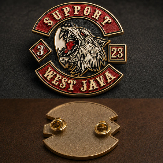 Two-tone metal finish featuring a custom metal motorcycle club badge made with an approved club logo.