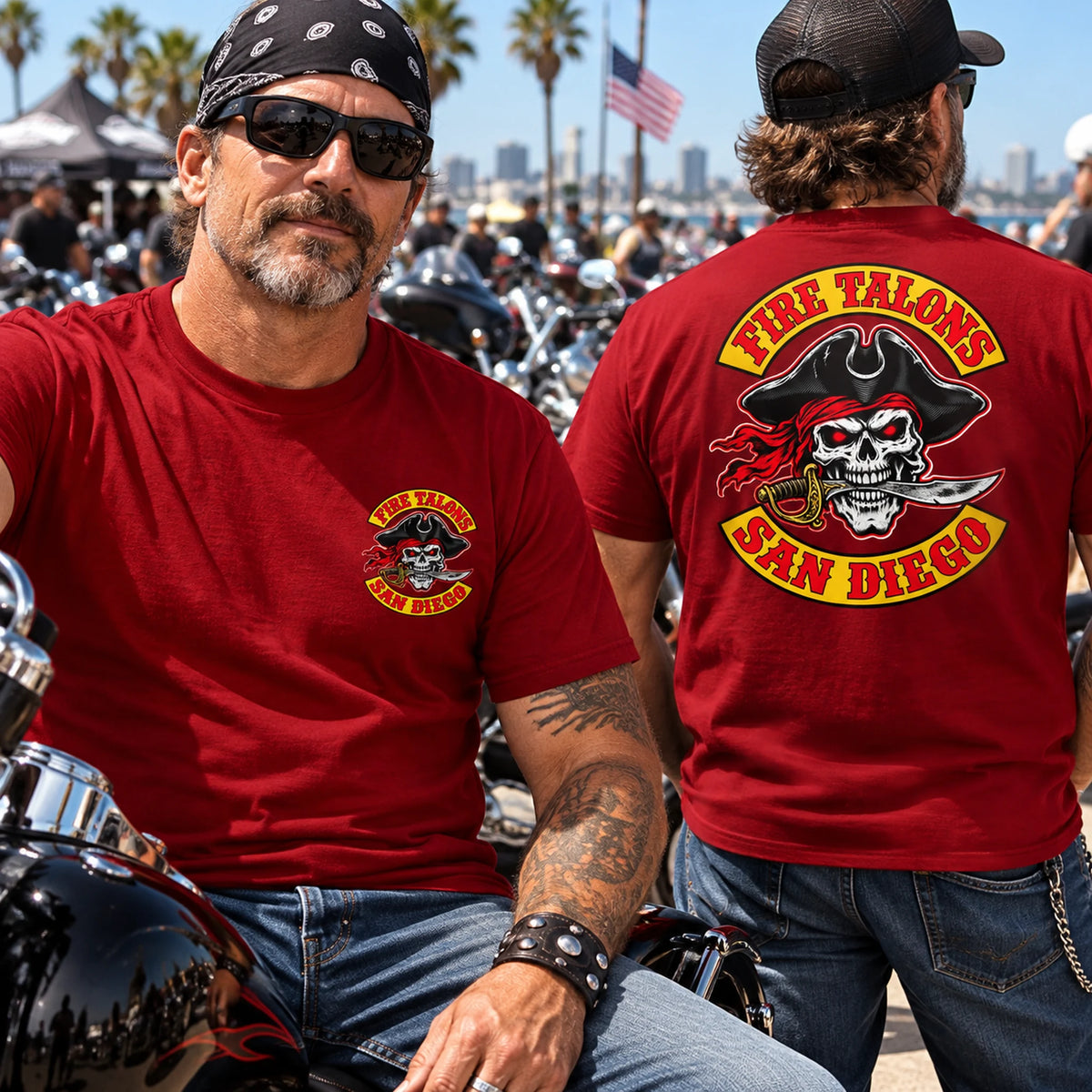 Fire Talons riders wearing dark red custom club T-shirts at a motorcycle rally.