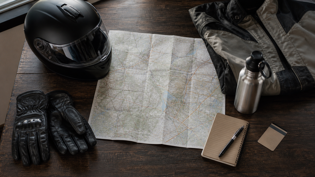 Motorcycle trip planning flat lay with map, gloves, notebook, weather layers and safety equipment