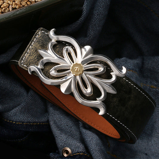 Floral Silver Leather Biker Belt — product view
