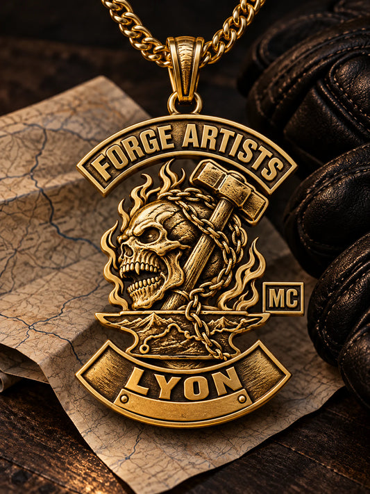 Forge Artists gold-plated club pendant concept commemorating a motorcycle club ride.