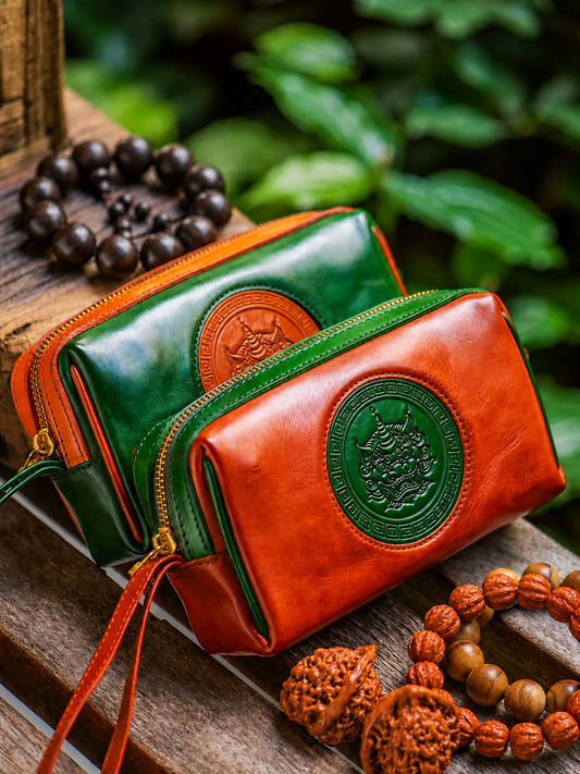 reddish brown and jade green fortune guardian leather biker clutch wallets
