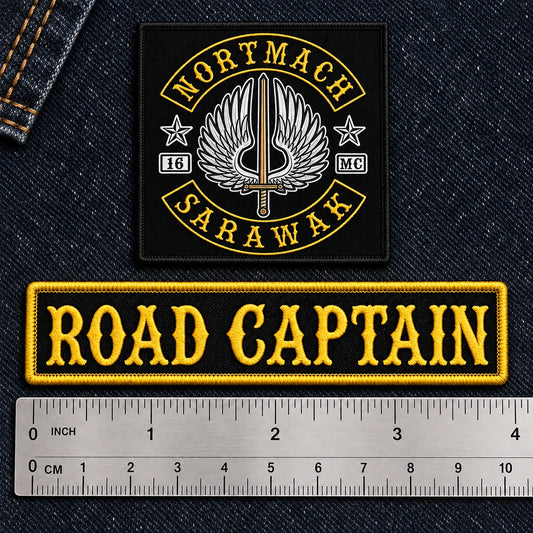 Four by one inch motorcycle club Road Captain patch.