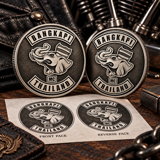Approved motorcycle club logo adapted into a challenge coin design proof.