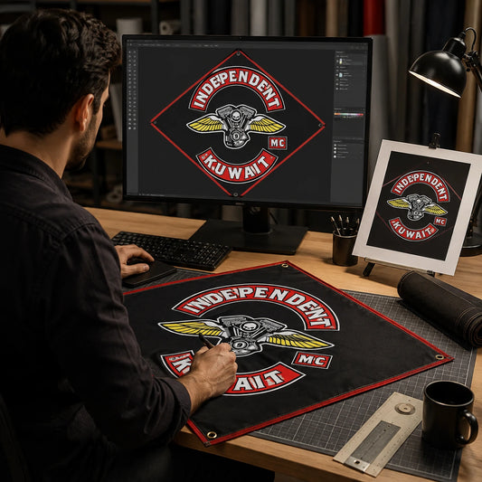 A flag designer builds a custom diamond layout while the authorized motorcycle club logo remains visible as reference.