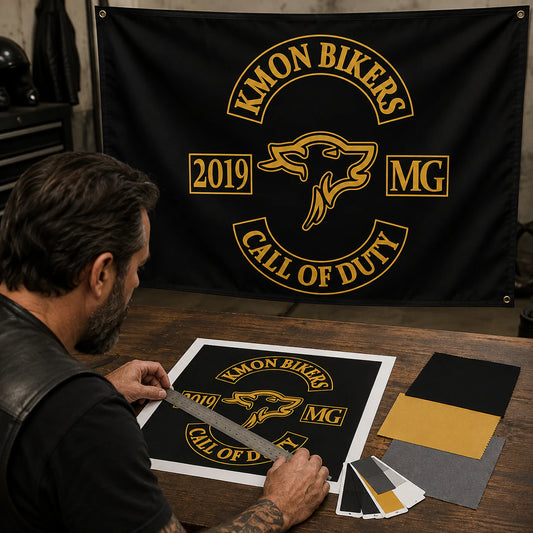 Motorcycle club members use a custom rectangular flag for receive free design support in a realistic American V-twin setting.