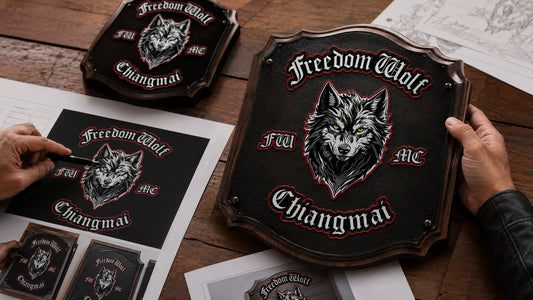 Approved motorcycle club logo, free design proof and finished custom plaque.
