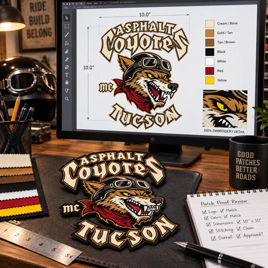 Custom motorcycle club event patch featuring the asphalt coyotes tucson logo for digital proof stage.