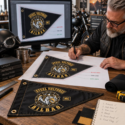A production designer refines approved motorcycle club artwork into a manufacturing-ready triangle flag layout.