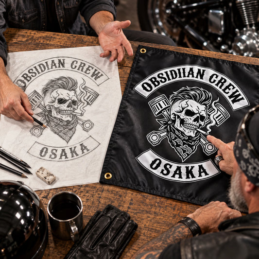 A designer shows a mature rider how club artwork becomes a finished custom hanging flag proof.
