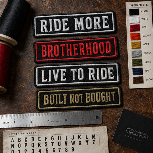 Name-bar samples beside thread cards, a ruler and lettering proofs on an inspection table, with no hands or people, showing custom motorcycle club name bar patch options.