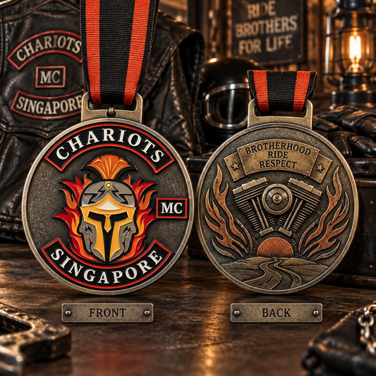 Designer-free unattended proofing desk showing approved logo adapted into front and reverse medal layouts. Custom motorcycle club medal.