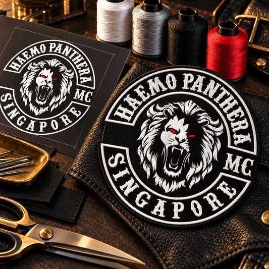 Club patch layout proof and thread palette shown for a custom motorcycle club patch system in designer workstation.
