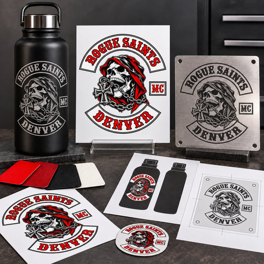 unattended design station showing the supplied logo adapted to a matte bottle mockup for a motorcycle club.