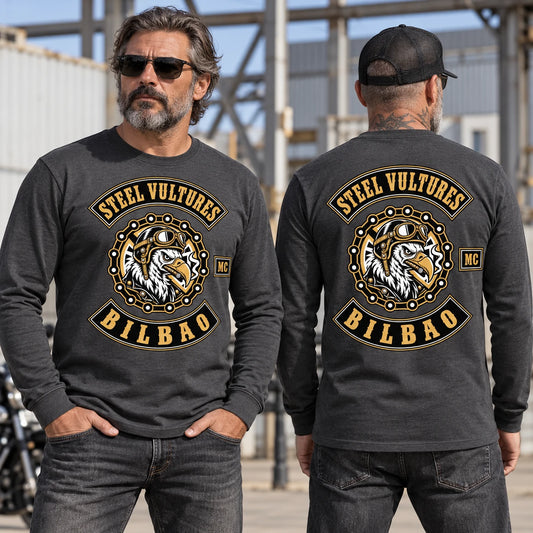Custom motorcycle club long-sleeve shirts showing coordinated front and back prints.