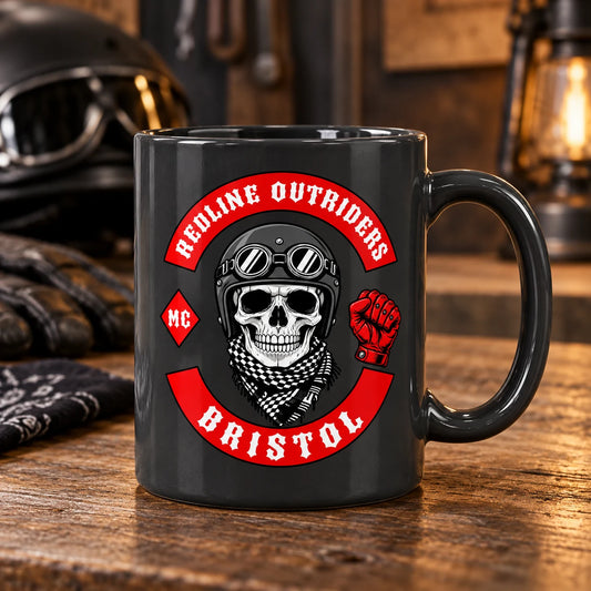 Front-facing charcoal ceramic mug showing the club emblem centered on the visible face with intentional spacing from rim, base and handle.