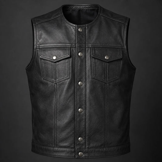 Complete blank motorcycle club leather vest with a collarless snap-front style.