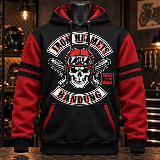 Single front view of an Iron Helmets Bandung motorcycle club all-over print hoodie showing the front-panel artwork.