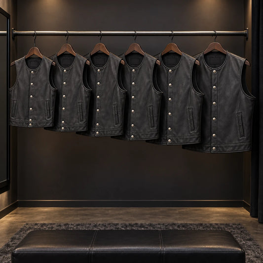 Motorcycle club leather vests in individual sizes while keeping one consistent chapter specification.