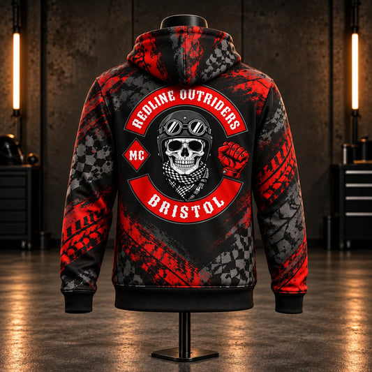 Single rear view of a Redline Outriders Bristol motorcycle club all-over print hoodie with full-panel artwork.