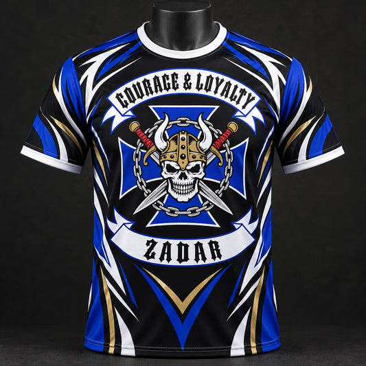 Front view of a blue and black full-print motorcycle club performance T-shirt.