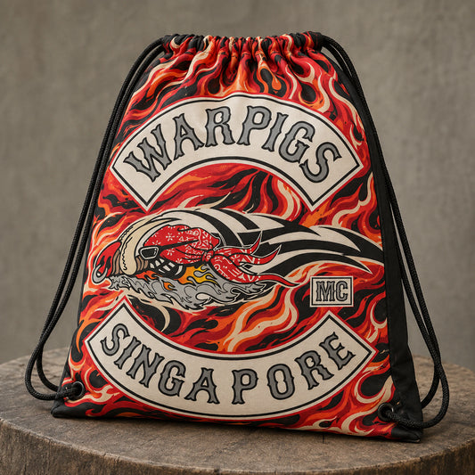 Full-print motorcycle rally drawstring bag displayed with event merchandise.