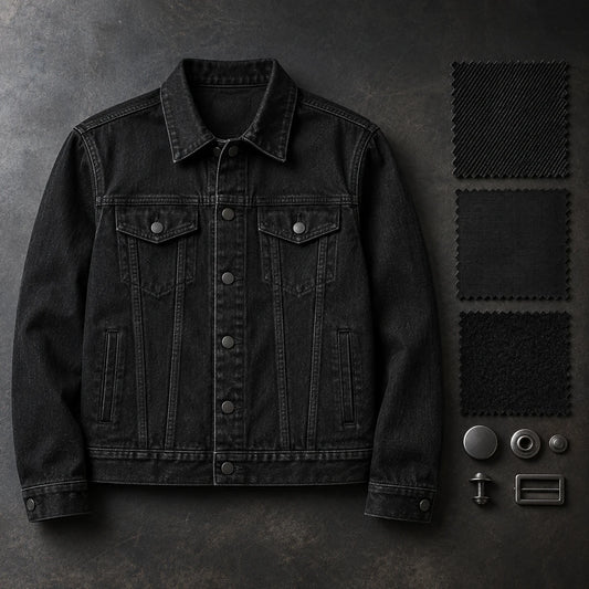 Black denim club jacket and retained material references prepared for future member reorders.