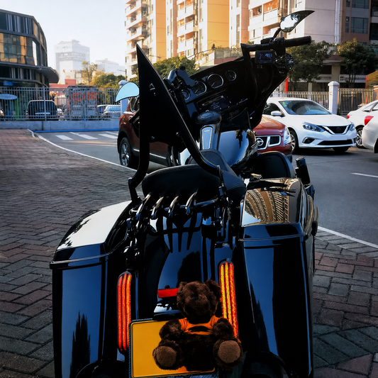 Black touring motorcycle customization reference