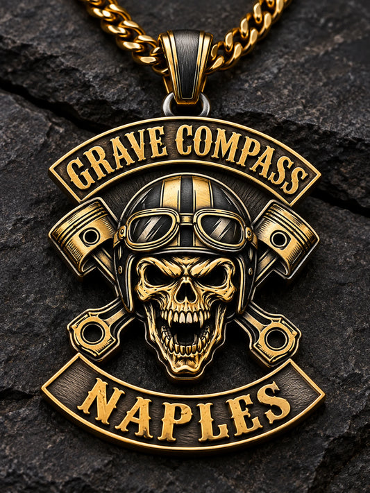 Grave Compass club pendant concept with selective 18K gold-plated accents.