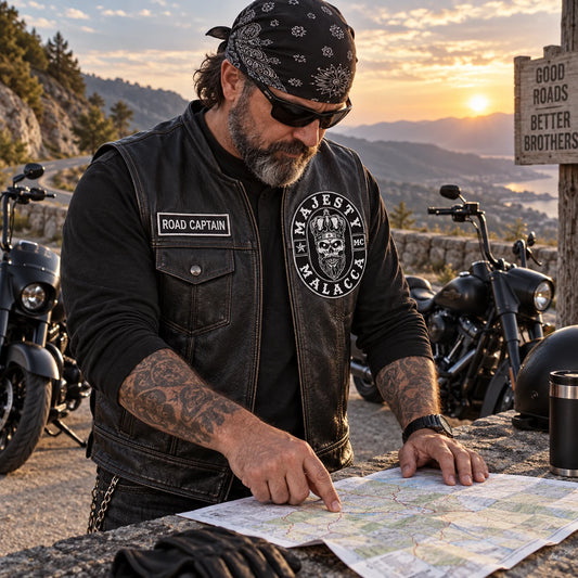 Road Captain wearing a motorcycle club officer patch before a group ride.