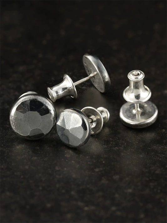 Hammered Round Sterling Silver Biker Stud Earring detail view 2