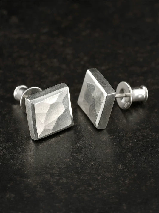 Hammered Square Sterling Silver Biker Stud Earring detail view 2
