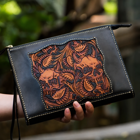 hand-carved tiger leather biker wallet hand carved skull leather clutch 1