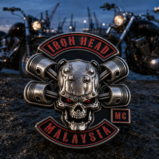 3D motorcycle club pin with smooth hard enamel details