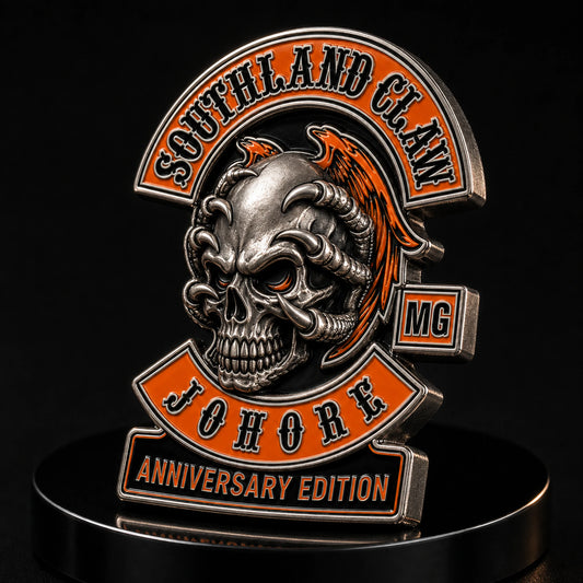 Southland Claw motorcycle club hard enamel anniversary badge with a deeply sculpted metal skull and raised claws.