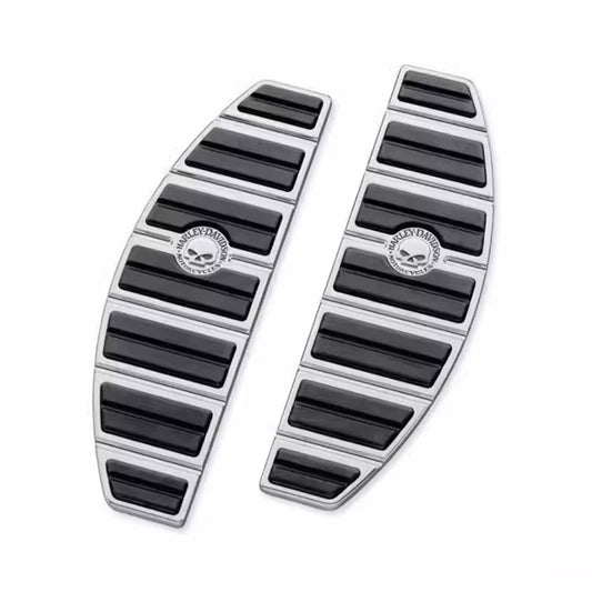 Pair of chrome and black skull rider footboard pads for Harley Softail