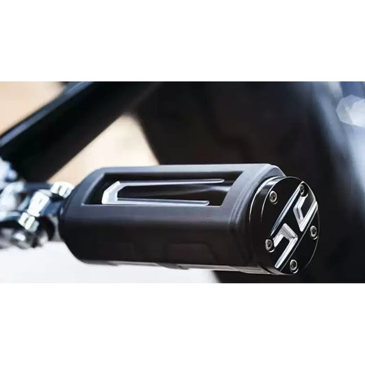 6959 chrome mini foot peg installed on a Harley motorcycle