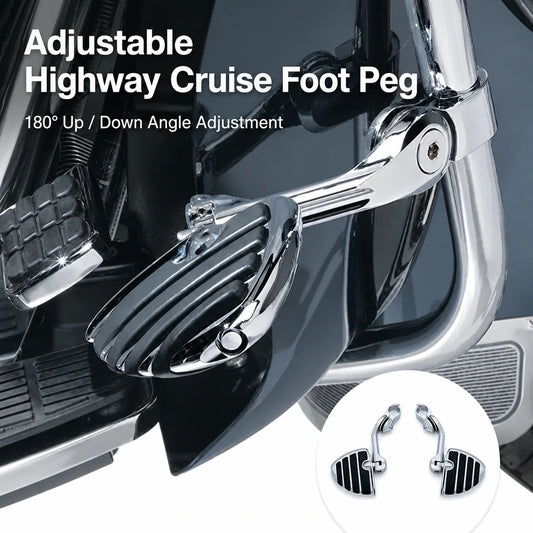 Adjustable highway cruise foot peg for compatible Harley motorcycles with 180-degree angle adjustment
