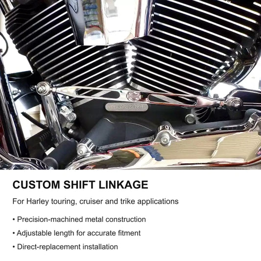Harley adjustable custom shift linkage installed on a chrome motorcycle engine