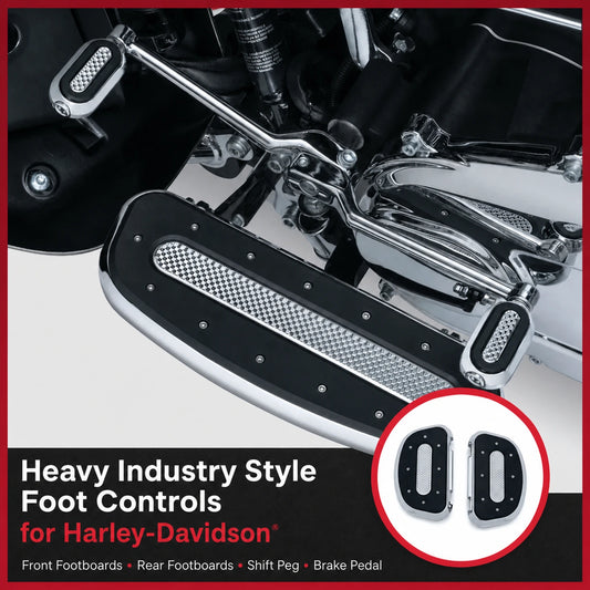 Heavy Industry style foot controls installed on a Harley-Davidson motorcycle